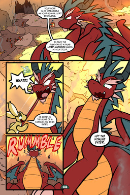 2_horns 4_panel_comic ambiguous_gender balloon balloon_with_face biped black_text brown_body claws dialogue exclamation_point feral finger_claws gold_(metal) green_eyes group horn inflatable larger_male male motion_lines open_mouth open_smile page_number pupils quadruped question_mark rumbling scales sharp_teeth size_difference slit_pupils smaller_ambiguous smile sound_effects speech_bubble standing talking_to_another teeth text toe_claws tongue toony white_sclera virmir mythology retanlong roko_kirihoko saida canid canine dragon fox kobold mammal mythological_creature mythological_scalie scalie 2026 absurd_res comic english_text hi_res female_(lore)