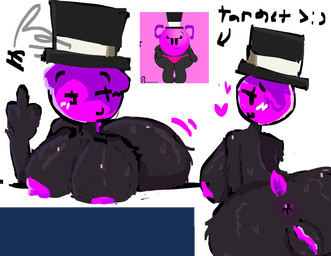 >:) anthro anus areola bent_over big_breasts big_butt black_body black_fur blush blush_lines bodily_fluids breast_rest breasts butt butt_focus butt_jiggle clothing collarbone curvy_figure ears_down eyelashes female for_a_head fur genitals gesture giggling glistening glistening_body hand_gesture hat headgear headwear huge_breasts huge_butt inner_labia jiggling looking_at_viewer middle_finger nipples pink_nipples pink_tail pivoted_ears short_tail simple_background smug_face smug_grin solo sweat tail top_hat voluptuous vulva white_background pink_ball_(artist) taoism.lover.150 object_shows pink_ball_(character) animal_humanoid bear humanoid mammal mammal_humanoid object_head ursid_humanoid alpha_channel hi_res reference_image