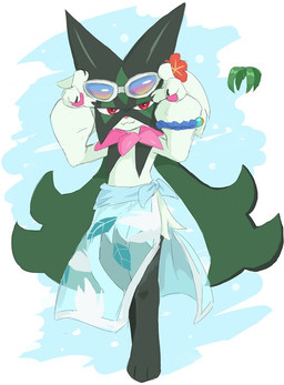 ambiguous_gender anthro black_legs blue_sarong bottomwear bracelet claws clothing eyewear eyewear_on_head flower flower_accessory flower_on_head fur green_body green_fur green_hair hair holowear_(pokemon) jewelry looking_at_viewer pawpads paws plant red_eyes red_flower sarong simple_background solo standing sunglasses sunglasses_on_head translucent translucent_bottomwear translucent_clothing white_sclera ylit nintendo pokemon pokemon_unite beach_style_meowscarada felid feline generation_9_pokemon mammal meowscarada pokemon_(species) 2025
