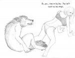 arania archived_source bestiality breasts canid canine canis duo english_text female female_on_feral feral graphite_(artwork) greyscale human human_on_feral interspecies male male/female male_on_human mammal monochrome pencil_(artwork) tail text traditional_media_(artwork) transformation wolf