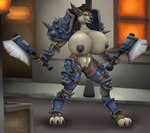 angry_expression areola armor axe barefoot battle_axe big_breasts blizzard_entertainment blood blood_stain bodily_fluids breasts canid canine clothing cuisse dual_wielding dual_wielding_melee_weapons feet female furryrex_(artist) gauntlets genitals gloves greaves handwear hi_res holding_object holding_weapon huge_breasts klementina mammal mane mostly_nude mythological_canine mythological_creature mythology nipples pauldron poleyn purple_areola purple_nipples pussy red_eyes snarling solo spiked_armor spikes unconvincing_armor vambrace warcraft weapon were werecanid werecanine werewolf worgen