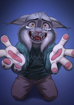 anthro bodily_fluids bottomwear clothing creepy_smile drooping_ears fur grey_body grey_fur holding_out_hand male pants pawpads pointy_ears smile solo sweater tears tears_of_pain tears_of_sadness teeth topwear yellow_eyes nyeong disney zootopia pawbert_lynxley canada_lynx felid feline lynx mammal hi_res