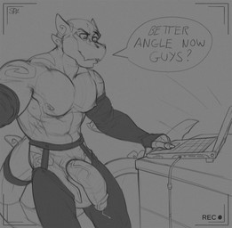 accessory anthro balls big_penis bodily_fluids camera_view computer electronics flaccid garter genital_fluids genitals humanoid_genitalia humanoid_penis laptop male muscular muscular_anthro muscular_male nipples penis precum recording solo standing tail vein spiritraptor cirrus_(xp) aquatic fish shark hi_res monochrome