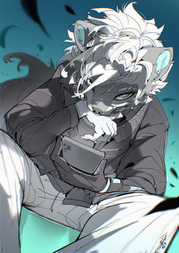 5_fingers anthro arm_support black_clothing black_gloves black_handwear black_jacket black_shirt black_topwear blue_eyebrows blue_inner_ear_fluff blue_pupils bottomwear cellphone claws clothed clothed_anthro clothed_male clothing collar dutch_angle electronics eyebrows finger_claws fingers fluffy fluffy_tail front_view fully_clothed fully_clothed_anthro fully_clothed_male fur gloves grey_body grey_eyes grey_fur hair handwear heterochromia holding_cellphone holding_object holding_phone holding_smartphone inner_ear_fluff jacket leaning_on_elbow looking_at_viewer male pants phone pupils ringed_iris shirt simple_background sitting smartphone snout solo tail teal_background topwear tuft white_bottomwear white_claws white_clothing white_eyes white_hair white_pants white_pupils white_sclera chiayeeee felid mammal 2025 chromatic_aberration digital_drawing_(artwork) digital_media_(artwork) hi_res portrait three-quarter_portrait