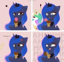 1_horn angry black_neckwear black_tiara blue_eyes blue_hair constricted_pupils cross-popping_vein crown dessert dialogue duo eyelashes eyeshadow female female_feral feral food hair headgear highlights_(coloring) holding_food holding_ice_cream holding_object horn ice_cream magic makeup mischievous_smile monotone_background open_mouth open_smile pink_background pupils purple_body purple_eyeshadow purple_highlights purple_wings quadruped screaming simple_background small_pupils smile solo_focus spiral_horn surprised text tiara wings nnalyart friendship_is_magic hasbro my_little_pony mythology princess_celestia_(mlp) princess_luna_(mlp) equid equine mammal mythological_creature mythological_equine winged_unicorn absurd_res comic digital_drawing_(artwork) digital_media_(artwork) english_text hi_res sibling_(lore) sister_(lore) sisters_(lore)