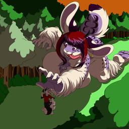 anthro big_breasts bottomwear breasts clothing ear_piercing female fingerless_gloves fur gloves grass hair handwear highlights_(coloring) horn huge_breasts macro macro_anthro macro_female male markings multicolored_body multicolored_fur open_mouth pants piercing plant purple_body purple_eyes purple_fur purple_highlights red_hair shirt shrub spots spotted_body spotted_fur tongue tongue_out tongue_piercing topwear tree two_tone_body two_tone_fur white_body white_fur white_hair deonwolf mythology deon_(deonwolf) nikkii canid canine canis dragon felid hybrid lagomorph leporid mammal mythological_creature mythological_scalie pantherine rabbit scalie snow_leopard wolf 1:1 2012 digital_media_(artwork) hi_res