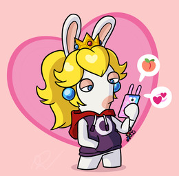 anthro arms_bent blonde_hair blue_ear_piercing blue_eyes bottomless bottomless_anthro bottomless_female cellphone clothed clothed_anthro clothed_female clothing crown ear_piercing electronics emoji female female_anthro flat_chested food fruit fur gem hair half-closed_eyes hand_in_pocket headgear heart_symbol holding_cellphone holding_object holding_phone hoodie keychain light long_ears long_hair looking_at_cellphone looking_at_object looking_at_phone mitten_hands mouth_closed narrowed_eyes no_eyebrows noseless peach_(fruit) phone piercing pink_background plant pockets ponytail purple_clothing purple_hoodie purple_topwear ruby_(gem) sapphire_(gem) simple_background solo speech_bubble standing tan_body tan_eyelids tan_inner_ear tan_skin topwear white_body white_fur insert-thenewbl-here mario_bros mario_plus_rabbids_kingdom_battle nintendo raving_rabbids rayman_(series) ubisoft mario rabbid_peach rayman lagomorph mammal rabbid 2024 colored crossover digital_drawing_(artwork) digital_media_(artwork) english_description full-length_portrait lighting portrait shaded signature simple_shading