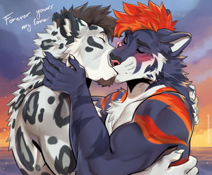 anthro blue_body blue_fur blush chest_tuft claws duo eyes_closed finger_claws fur hair hug kissing leopard_spots male male/male neck_tuft outside romantic romantic_couple spots sunset text tuft whisker_spots whiskers white_body white_fur nerton mountaindrew v_(awesome266) felid mammal pantherine snow_leopard tiger 2025 absurd_res artist_name digital_media_(artwork) english_text hi_res