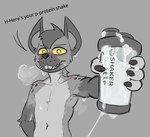 anthro blush bodily_fluids bottle container cum cum_in_bottle cum_in_container cum_string genital_fluids male musk solo sweat stupidgnoll stupidgnoll_(character) hyena mammal 2023 greyscale monochrome