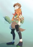 anthro beak brown_body brown_feathers brown_hair duo feathers grin hair male smile teeth toothed_beak wings mofumi_corvus bandai_namco digimon digimon_survive falcomon_(survive) minoru_hyuga digimon_(species) falcomon human mammal hi_res