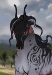 black_hair blue_sky blurred_background cloud day facial_piercing feral fur glowing glowing_eyes grey_body grey_fur hair nose_piercing outside piercing plant quadruped red_eyes septum_piercing sky solo tree novery equid equine horse mammal 2025 digital_media_(artwork) hi_res