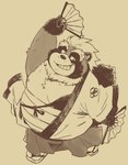 anthro asian_clothing belly clothing east_asian_clothing footwear japanese_clothing kemono male moobs nipples overweight overweight_male sandals shoes simple_background smile solo garouzuki canid canine mammal raccoon_dog tanuki 2024 hi_res monochrome