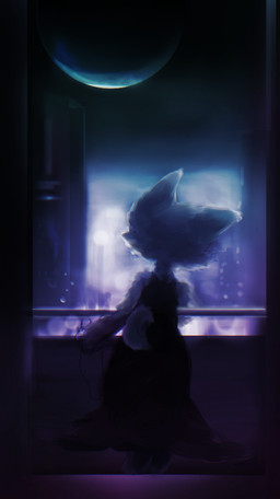 against_surface against_wall anthro black_clothing black_topwear blue_background building city clothed clothing crescent_moon ears_back ears_up evening evening_gown female fur glowing gradient_background holding_object leaning leaning_on_wall light lights low_wall moon night pivoted_ears purple_background rear_view simple_background small_tail solo tail topwear hooki hazuki_mikami_(hasukii) canid canine mammal digital_media_(artwork) digital_painting_(artwork) full-length_portrait painting_(artwork) portrait