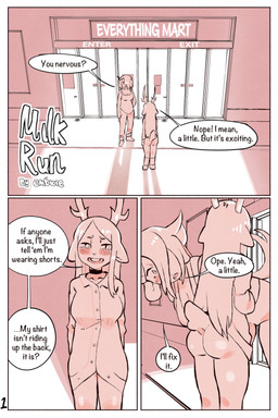 anthro antlers blush bottomless butt clothed clothing dialogue duo exhibitionism female female/female hair horn public public_exposure smile speech_bubble text topwear ombwie carrie_(ombwie) val_(ombwie) canid canine deer mammal 2:3 comic digital_media_(artwork) english_text hi_res
