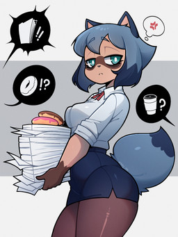 anthro blue_clothing blue_eyes blue_hair blue_shirt blue_topwear bottomwear breasts brown_body brown_fur clothed clothing coffee_cup collared_shirt container cross-popping_vein cup curvy_figure dessert dipstick_tail document doughnut dress_shirt eyebrow_through_hair eyebrows eyelashes female fluffy fluffy_tail food frown fur hair holding_object holding_paper legwear markings medium_breasts multicolored_hair office_lady pantyhose paper pastry pencil_skirt pupils red_ribbon shirt simple_background skirt solo speech_bubble tail tail_markings thick_thighs tight_bottomwear tight_clothing tight_skirt tired topwear translucent translucent_hair two_tone_hair white_clothing white_pupils white_shirt white_topwear wide_hips conditional_dnp maiky_atk brand_new_animal studio_trigger michiru_kagemori canid canine mammal raccoon_dog tanuki 2026 3:4 hi_res