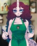 anthro apron apron_only areola big_breasts black_collar black_nails blurred_background breasts cleavage clothed clothing collar colored_nails container cup detailed_background eyebrows female green_apron green_clothing half-closed_eyes holding_container holding_cup holding_object holding_pen holding_writing_utensil horn looking_at_viewer makeup mascara mascara_tears mostly_nude nails narrowed_eyes open_mouth pen question_mark raised_eyebrow running_makeup running_mascara solo tattoo text tired tired_eyes unicorn_horn writing_utensil narwhal69 i_mean_breast_milk starbucks narwhal_tan english_text hi_res meme