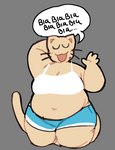 :3 anthro belly belly_overhang big_belly big_breasts black_outline blah_blah_blah blue_bottomwear blue_clothing blue_shorts bottomwear bra breasts cleavage clothed clothing eyes_closed female fur grey_background hand_behind_head markings mole_(marking) navel open_:3 open_mouth outline overweight overweight_anthro overweight_female shorts simple_background slightly_chubby slightly_chubby_female solo speech_bubble standing tail tan_body tan_fur underwear whiskers white_bra white_clothing white_underwear cassicat cassi_cat_(cassicat) domestic_cat felid feline felis mammal 2023 cel_shading digital_media_(artwork) portrait shaded three-quarter_portrait trans_(lore) trans_woman_(lore)