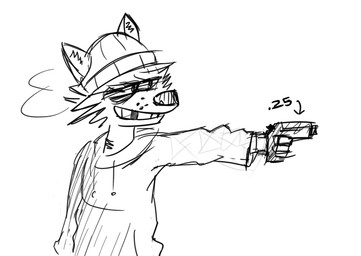 anthro beanie cheek_tuft clothing eye_bags facial_tuft grin gun hat headgear headwear holding_object holding_weapon hoodie looking_back missing_tooth neck_tuft ranged_weapon scruffy skud_(zaddcomix) smile solo tired_eyes topwear tuft weapon chadzadd zaddcomix mammal procyonid raccoon black_eye_(disambiguation)