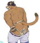 anthro anus backwards_baseball_cap backwards_hat baseball_cap baseball_uniform big_muscles blue_eyes butt clothed clothed/nude clothing dirty_jockstrap dirty_underwear hat headgear headwear jockstrap looking_at_viewer looking_pleasured male muscular musk nude simple_background smile solo sportswear underwear undressing uniform white_background neofi mexican_pacific_league yaquis_de_obregon yaco_puma cougar felid feline mammal hi_res