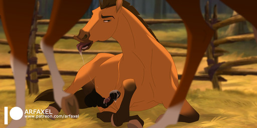 ambiguous_gender anatomically_correct anatomically_correct_genitalia anatomically_correct_penis animal_genitalia animal_penis balls bodily_fluids duo equine_genitalia equine_penis feral fur genitals hooves male male_focus on_grass outside penis saliva saliva_string solo_focus text tongue tongue_out yellow_body yellow_fur arf-fra dreamworks spirit:_stallion_of_the_cimarron rain_(cimarron) spirit_(cimarron) equid equine horse mammal hi_res url female_(lore)