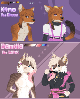 age_difference anthro athletic athletic_female duo ear_piercing eyewear female femboy fur hair long_hair male male/female orange_body orange_fur piercing pink_hair purple_eyes red_hair sunglasses tan_body tan_fur younger_male tbombass camilla_van_der_kleij canid canine dhole felid feline lynx mammal digital_media_(artwork) pixel_(artwork)