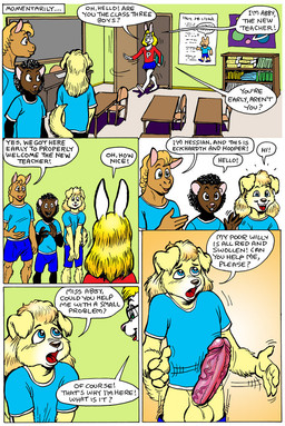 4_fingers age_difference anthro balls barefoot big_penis black_hair black_nose blonde_hair blue_bottomwear blue_clothing blue_eyes blue_shirt blue_shorts blue_t-shirt blue_topwear book bookshelf border bottomwear bottomwear_down brown_body brown_fur chair classroom clothed clothing desk dialogue erection eyewear feet female fingers fully_clothed fur furniture genitals glasses greeting group hair humanoid_genitalia humanoid_penis inside male motion_lines older_female open_mouth pants pants_down partially_clothed penis purple_penis school school_uniform shirt shorts t-shirt table tan_body tan_fur text topwear uniform vein veiny_penis white_body white_border white_fur yellow_balls yellow_body yellow_fur young younger_male karno canid canine equid lagomorph leporid mammal mouse murid murine rabbit rodent 2016 comic english_text