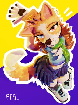 anthro bangs biped bottomwear clothing crop_top eyelashes female fluffy fluffy_tail footwear hair head_tuft heterochromia high-angle_view long_hair looking_up_at_another pawpads ponytail scarf shirt shoes side_bangs skirt sneakers solo tail topwear tuft wide_hips fc5 crispe_(fc5) border_collie canid canine canis collie domestic_dog herding_dog mammal pastoral_dog sheepdog 2025 3d_(artwork) absurd_res digital_media_(artwork) hi_res