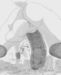 anthro balls big_balls big_penis black_penis building building_destruction city destruction erection foreskin genitals landscape_dwarfing macro male nude outdoor_nudity outside penis solo tail perenthis logan_grey canid canine fox mammal hi_res monochrome