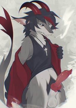 animal_genitalia animal_penis anthro balls belly black_clothing black_hair black_hands black_hoodie black_topwear black_vest bodily_fluids cigarette clothing cross cross_necklace erection genital_fluids genitals grey_body hair hoodie horizontal_pupils horn jewelry knot knotted_penis male necklace penis precum pubes pupils red_horn sheath simple_background smoking solo sweat topwear vest zoledream bovid caprine goat mammal absurd_res hi_res