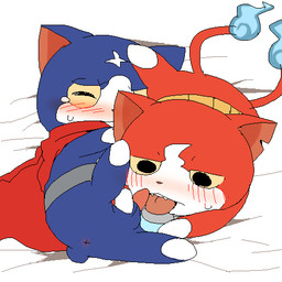 2_tails 69_position anus blue_body blue_fur blush bodily_fluids duo erection fellatio feral fur genitals gloves_(marking) leg_markings lying male male/male markings multi_tail notched_ear on_back on_front oral penile penis red_body red_fur red_inner_ear semi-anthro sex simple_background socks_(marking) tail tapering_penis tears tongue tongue_out white_background nothingtomilk asian_mythology east_asian_mythology japanese_mythology level-5 mythology yo-kai_watch fuyunyan jibanyan felid ghost mammal nekomata spirit yokai 1:1 low_res