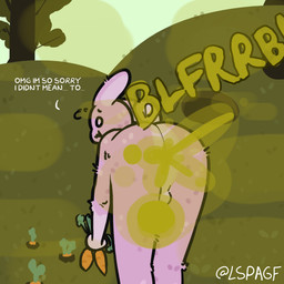 anthro backsack balls bodily_fluids carrot fart fart_cloud fart_fetish food fur genitals grass green_fart_cloud male outside pink_body pink_fur plant rabbit_hole sweat sweatdrop tree vegetable lspagf animal_humanoid humanoid lagomorph lagomorph_humanoid leporid mammal mammal_humanoid rabbit 1:1 absurd_res hi_res