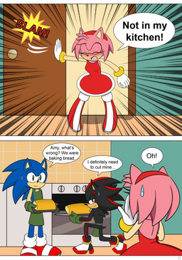 anthro appliance apron blue_body blue_fur blush boots bread clothed clothing cooking dialogue door door_slam eyes_closed female food footwear fur gloves green_eyes group hair handwear holding_object humor kitchen kitchen_appliance male onomatopoeia open_mouth oven pink_body shoes sound_effects speech_bubble standing tail text trio brokenbone sega sonic_the_hedgehog_(series) amy_rose shadow_the_hedgehog sonic_the_hedgehog eulipotyphlan hedgehog mammal comic digital_media_(artwork) english_text hi_res