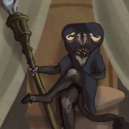 anthro clothed clothing detailed_background hooves looking_at_viewer male multi_eye sitting solo staff fiavnuu elden_ring elden_ring_nightreign fromsoftware libra_creature_of_night bovid caprine caprine_demon demon goat goat_demon mammal 1:1 hi_res