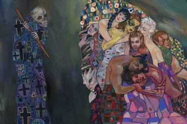 abstract_background ambiguous_gender arm_tattoo black_hair brown_hair dark_body dark_skin eyes_closed facial_tattoo female green_body group hair holding_object holding_staff horn hug long_hair male not_furry pale_skin pointy_ears red_body red_eyes red_skin scales short_hair staff tattoo white_body white_hair white_scales mimimaru baldur's_gate baldur's_gate_3 dungeons_and_dragons hasbro larian_studios life_and_death_(klimt) wizards_of_the_coast astarion_(baldur's_gate) gale_(baldur's_gate) halsin_(baldur's_gate) karlach lae'zel minthara shadowheart_(baldur's_gate) the_dark_urge_(baldur's_gate) wyll_(baldur's_gate) dragonborn_(dnd) drow elf githyanki human humanoid mammal scalie tiefling character_request digital_media_(artwork) digital_painting_(artwork) english_description hi_res inspired_by_formal_art painting_(artwork) signature