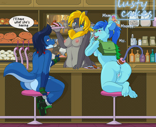 3_toes accessory anthro anus areola backpack bakery barefoot big_breasts big_butt black_body black_clothing black_footwear black_fur black_nose black_shoes blonde_hair blue_body blue_eyes blue_fur blue_hair blue_inner_ear blue_nose blush bodily_fluids bottle bread breasts butt casual_masturbation casual_nudity clothing container dessert doughnut eating exhibitionism eye_contact feet female fingering fingerless_gloves food footwear front_view fur furniture genital_fluids genitals gloves green_clothing green_footwear green_gloves green_handwear green_shoes grey_body grey_fur grey_inner_ear group hair hair_accessory hairband half-closed_eyes handwear holding_object inside kerchief leaning leaning_forward legwear looking_at_another looking_down looking_up male mane masturbation medium_breasts narrowed_eyes nipples open_mouth orgasm pastry pink_eyes pink_nipples pink_vulva plate ponytail public public_masturbation public_nudity purple_eyes raised_arm rear_view red_kerchief red_nipples shoes sitting smile socks stool thick_thighs toes trio vaginal vaginal_fingering vaginal_fluids vaginal_masturbation vulva white_clothing white_footwear white_legwear white_socks yellow_body yellow_fur yellow_sclera helsy cia_(ultilix) lafille ulti_(ultilix) canid canine canis lizard mammal murid murine rat reptile rodent scalie wolf 2020 digital_media_(artwork) hi_res shaded