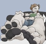 4_toes anthro barefoot claws clothed clothing feet female female_anthro foot_focus humanoid_feet pawpads paws plantigrade sitting smile soles solo toe_claws toes ikkimikka nua african_wild_dog canid canine mammal 2021 colored digital_media_(artwork) hi_res