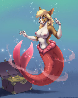 after_transformation anthro blonde_hair blue_eyes breasts brown_body brown_fur bubble countershading female fur gloves_(marking) gold_(metal) hair magic markings mermaid_tail navel nipples nude nude_anthro nude_female open_mouth open_smile red_body red_scales red_tail scales sea seabed smile solo sparkles split_form tail treasure_chest underwater water white_body white_countershading white_fur white_gloves_(marking) elke_(artist) kate_(whitemerwolf) aquatic canid canine canis domestic_dog herding_dog mammal merfolk pastoral_dog welsh_corgi 2024 hi_res