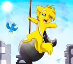 anthro blue_body blue_feathers building detail duo feathers feral fur humor parody sun sunny wrecking_ball yellow_body yellow_eyes yellow_fur obeyania kitten_cutsalot avian bird domestic_cat felid feline felis mammal digital_media_(artwork)