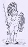 anthro areola armor biped bracelet breasts female genitals greaves greek headgear helmet holding_melee_weapon holding_object holding_polearm holding_shield holding_spear holding_weapon hooves hoplite innie_pussy jewelry melee_weapon navel nipples nude polearm pussy round_shield shield simple_background solo spear standing warrior weapon white_background rabbi-tom red_shetland equid equine horse mammal 2016 monochrome