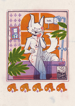 5_fingers accessory anthro bathtub beaded_jewelry beaded_necklace beads black_nipples border breasts buh clothed clothed_human clothing detailed_background dialogue electronics eyes_closed eyewear female fingers framed_picture glasses holding_object holding_phone jewelry linocut_(artwork) mostly_nude necklace necktie nipples one_breast_out phone phone_call plant red_border shower_head solo speech_bubble suit window deltav anon lynn_(deltav) aquatic canid canine canis fish human mammal wolf 2026 digital_media_(artwork) digital_painting_(artwork) hi_res painting_(artwork) restricted_palette signature
