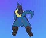 2018 anthro anus balls blue_body blue_fur bodily_fluids butt canid canine digital_media_(artwork) fur generation_4_pokemon genitals hi_res looking_at_viewer lucario lying male mammal musk nintendo nude on_front pokemon pokemon_(species) presenting presenting_anus raised_tail rear_view simple_background solo spread_legs spreading sweat tail tohfu yellow_body yellow_fur