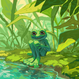 anthro big_eyes glistening glistening_eyes grass green_body green_skin leaf male nude orange_eyes plant sitting smile solo three-quarter_view water corzh77 amphibian frog 1:1 hi_res