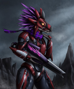 anthro armor avian_caruncle beak claws cloud face_covered feather_hair feathered_crest feathers female female_anthro finger_claws full_armor glowing glowing_eyes grey_body grey_scales gun head_crest headgear helmet holding_gun holding_object holding_ranged_weapon holding_weapon landscape_background needle_rifle orange_eyes outside overcast plaid pseudo_hair purple_body purple_feathers ranged_weapon scales scarf scuted_hands scutes sharp_teeth sky solo standing teeth weapon fuchsbau49 halo_(series) microsoft xbox_game_studios alien avian kig-yar scalie t'vaoan absurd_res colored hi_res portrait three-quarter_portrait