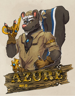 anthro blue_markings closed_smile clothed clothing facial_hair fingerpads fur grey_body grey_fur gun hair hand_on_hip holding_gun holding_object holding_ranged_weapon holding_weapon jewelry looking_at_viewer male male_anthro markings mouth_closed narrowed_eyes necklace pawpads pink_inner_ear pink_nose pink_pawpads pirate_outfit ranged_weapon simple_background smile solo weapon white_hair white_markings yellow_eyes chumbasket azure_(bluedude) mammal mephitid skunk 2013 dated half-length_portrait hi_res portrait