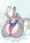 2020 anthro areola bed blush body_blush boobacafe breasts camel_toe clothing disney european_rabbit female furniture hi_res holding_both_legs holding_legs_up judy_hopps lagomorph legs_up leporid long_ears looking_offscreen mammal multicolored_body on_bed oryctolagus panties presenting rabbit shirt signature solo spread_legs spreading tank_top topwear two_tone_body underwear zootopia