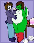 anthro barefoot belly belly_grab bloated bottomwear cake clothed clothing denim denim_clothing dessert duo eyebrows fangs feedism feet food green_eyes hair half-closed_eyes hat headgear headwear hoodie inflation male narrowed_eyes nude overweight overweight_anthro overweight_male raised_eyebrow snapback_hat stuffing teeth thick_thighs topwear wrongcable obey_(brand) marrow_(raptormocha) nikolai_(cringebird) bear dinosaur dromaeosaurid fygar giant_panda hybrid mammal prehistoric_species reptile scalie theropod velociraptor 2021 digital_media_(artwork) nonbinary_(lore)