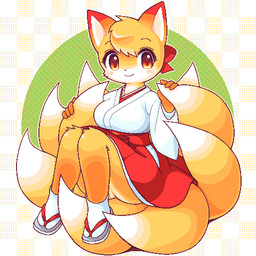 9_tails accessory amber_eyes anthro asian_clothing bow_(feature) bow_accessory bow_ribbon breasts clothing dipstick_ears dipstick_tail ear_markings east_asian_clothing female footwear fur hair_accessory hair_bow hair_ribbon head_tuft japanese_clothing kemono markings miko_outfit multi_tail multicolored_ears multicolored_tail ribbons sandals shoes simple_background sitting slippers solo tail tail_markings tuft yellow_body yellow_fur takiune_(pixiv) canid canine fox mammal 1:1 2020 aliasing digital_media_(artwork) full-length_portrait low_res portrait