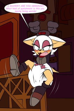 anthro big_diaper blush bottomless clothed clothing diaper embarrassed female full_diaper imprisoned machine punishment soiled_diaper solo speech_bubble struggling suspension text trapped unclean_diaper used_diaper liljdude mydlsecretlife netflix sega sonic_prime sonic_the_hedgehog_(series) rebel_rouge rouge_the_bat bat mammal english_text hi_res