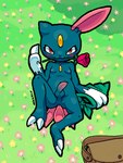 2024 2_toes 3:4 3_tails anthro anus asymmetrical_ears balls blue_body blue_fur blush butt cel_shading chest_gem claws digital_media_(artwork) feet flower flower_in_mouth forehead_gem foreskin fur gem generation_2_pokemon genitals grass inviting kerchief light lighting looking_at_viewer male messenger_bag mklxiv multi_tail nature nature_background navel nintendo nipples oekaki penis perineum plant pokemon pokemon_(species) rose_(flower) shaded signature sitting smile sneasel solo tail toes