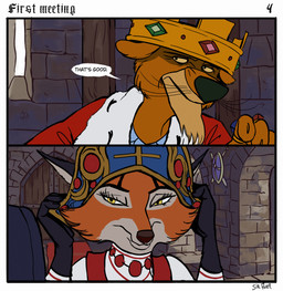 anthro black_facial_markings black_markings castle closed_door clothing crown crown_jewels dialogue door double_door duo ears_flat eye_contact facial_markings female gem gold_crown head_markings headdress headgear headwear inside kokoshnik looking_at_another male markings melee_weapon noblewoman ring robe royalty shield sitting standing stone_wall sword text wall_(structure) weapon wood wood_door sir_paulus disney robin_hood_(disney) lisabeth_(lord_paulus) prince_john canid canine felid fox lion mammal pantherine comic english_text hi_res